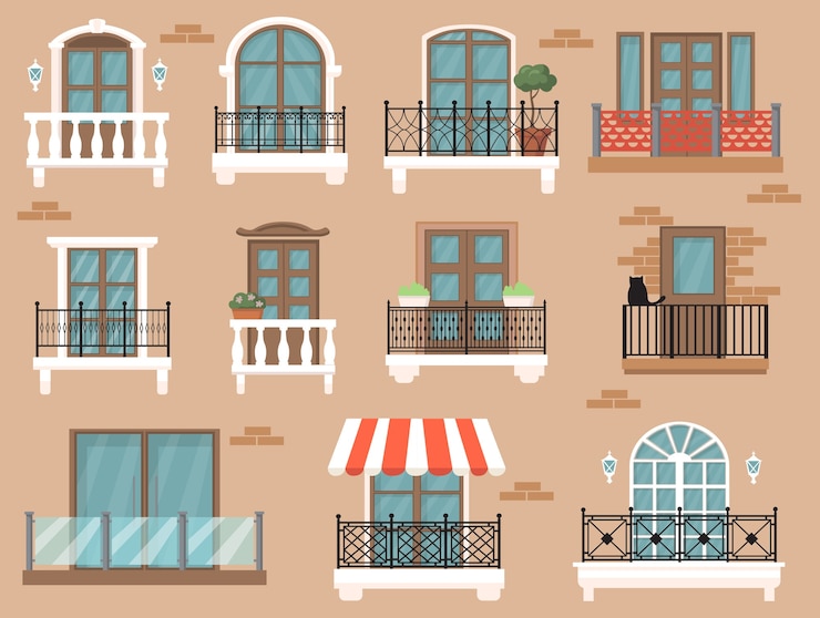 Vettore gratuito bellissimo set piatto balcone decorato per il web design. cartoon vintage windows con decorazioni classiche e recinzioni isolato raccolta illustrazione vettoriale architettura e concetto di facciata