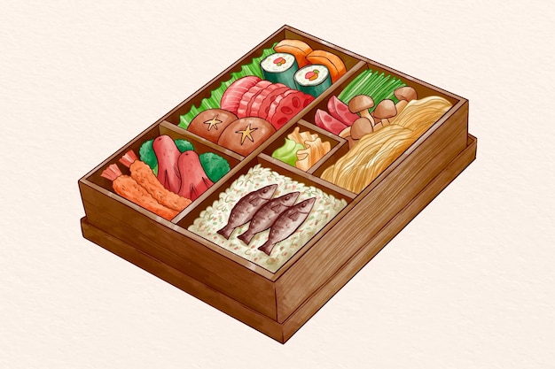 Bento box acquerello con deliziose prelibatezze