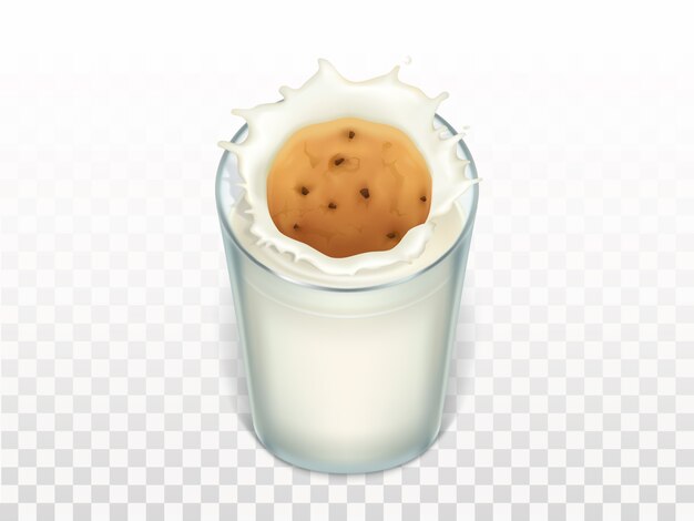 bicchiere con latte, biscotti di farina d&#39;avena, spruzzi nella tazza. Manichino di dolci da dessert