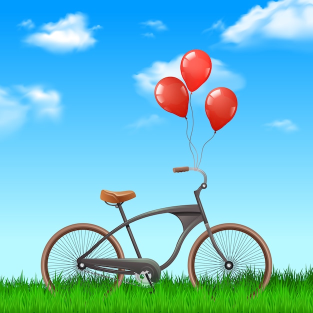 Bicicletta realistica con palloncini rossi sullo sfondo della natura