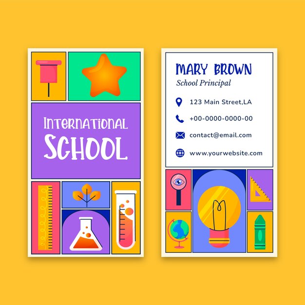 Biglietto da visita verticale della scuola internazionale disegnato a mano