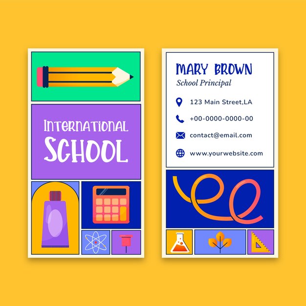 Biglietto da visita verticale della scuola internazionale disegnato a mano
