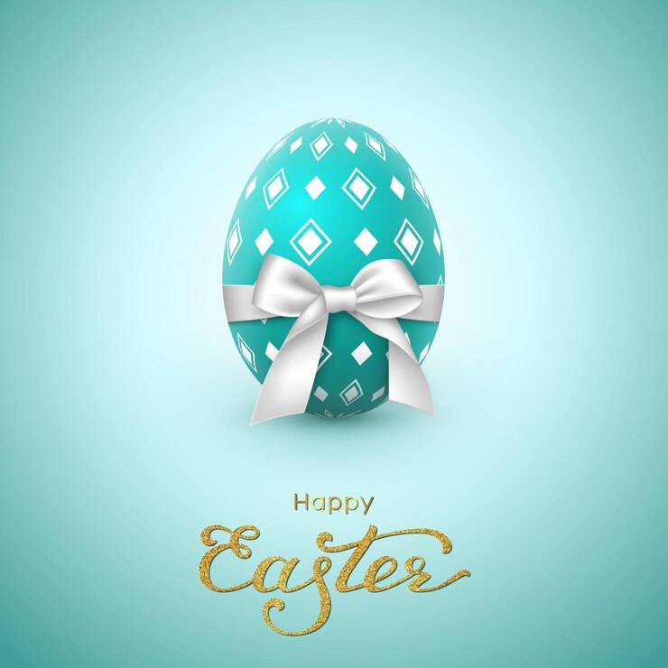 Biglietto di auguri per le vacanze di Pasqua. Scritta glitterata, uovo realistico con fiocco bianco.