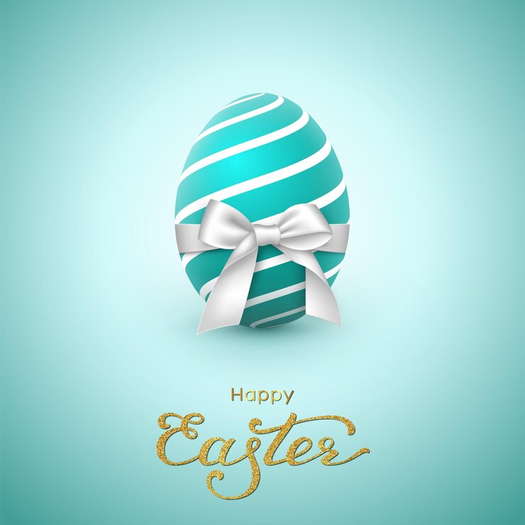 Biglietto di auguri per le vacanze di Pasqua. Scritta glitterata, uovo realistico con fiocco bianco.