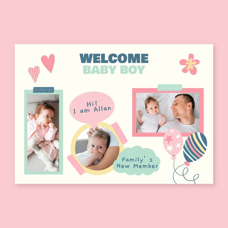 Vettore gratuito biglietto di auguri per neonato di benvenuto infantile disegnato a mano