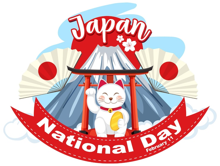 Vettore gratuito biglietto per la festa nazionale del giappone con gatto giapponese sul monte fuji