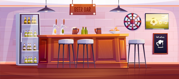Vettore gratuito birreria o pub, interno vuoto con scrivania in legno