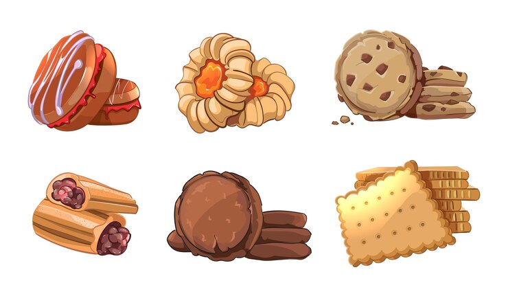 Vettore gratuito biscotti icone vettoriali impostate in stile cartone animato. elemento da forno, nutrizione snack, dessert gustoso, rotolo delizioso, pasticceria da mangiare