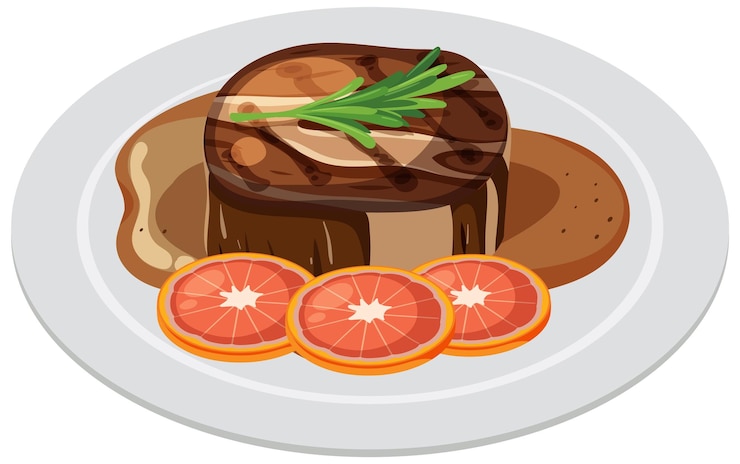 Vettore gratuito bistecca gourmet con guarnizione di agrumi