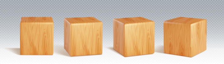 Vettore gratuito blocco di cubo di legno illustrazione vettoriale 3d realistica set piattaforma quadrata o mattone giocattolo con consistenza di legno gioco cubico 6 lati dadi o educazione elemento di scatola per bambini o podio rettangolare e piedistallo