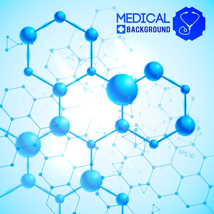 Vettore gratuito blu medico con illustrazione realistica di simboli di scienza e medicina