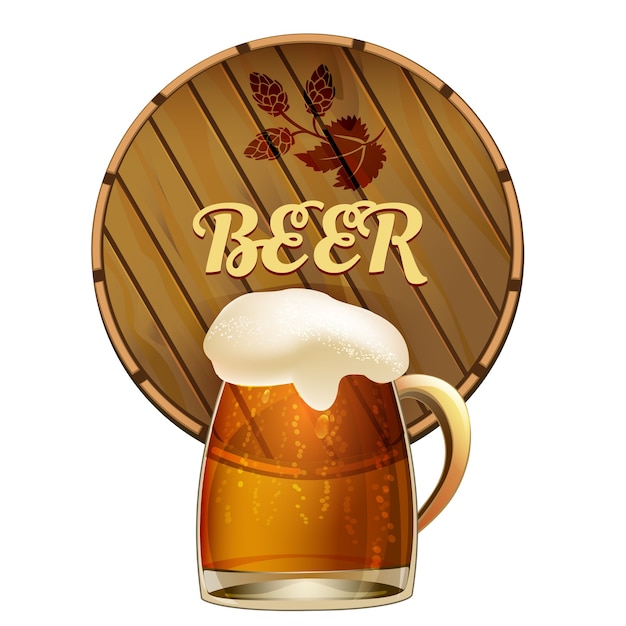 Boccale di birra schiumosa in un boccale di vetro con bolle effervescenti davanti a un barile di rovere rotondo o botte con la parola - birra - come un pub o un bar emblema illustrazione vettoriale su bianco