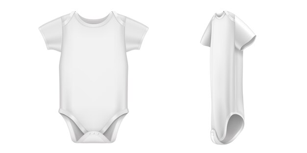 Body per neonato, tutina bianca per neonato con maniche corte vista frontale e laterale. Vettore realistico di vestiti di cotone bianco per bambini, tuta per neonato isolata
