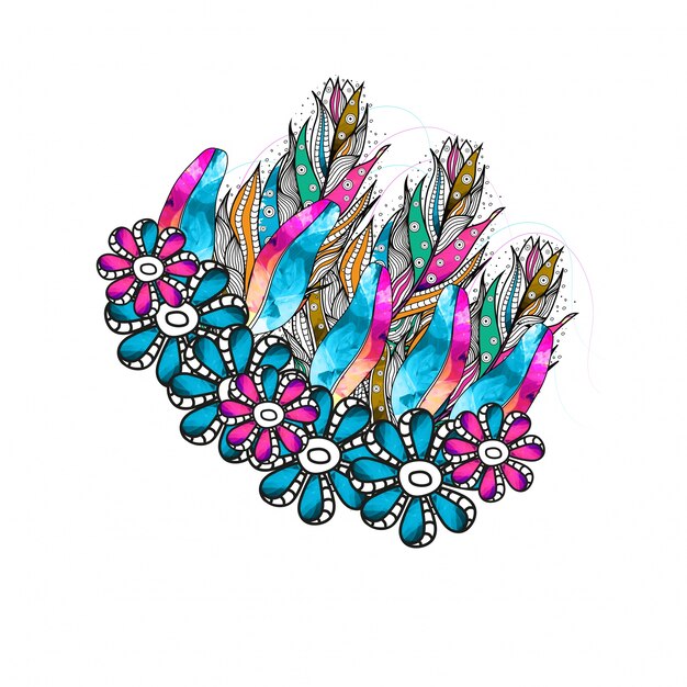 Boho stile fiori colorati con piume etniche, elemento ornamentale disegnato a mano.