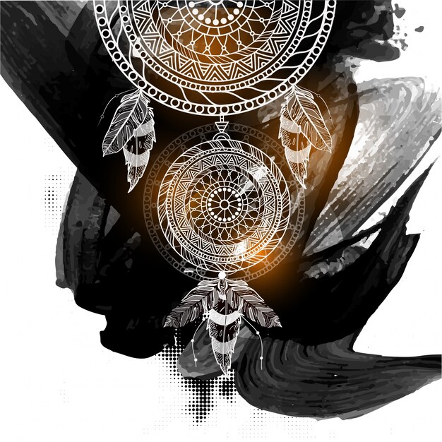 Boho stile ornamentale Dream Catcher con etnica tribale modello floreale su sfondo astratto pennello pennello sfondo.