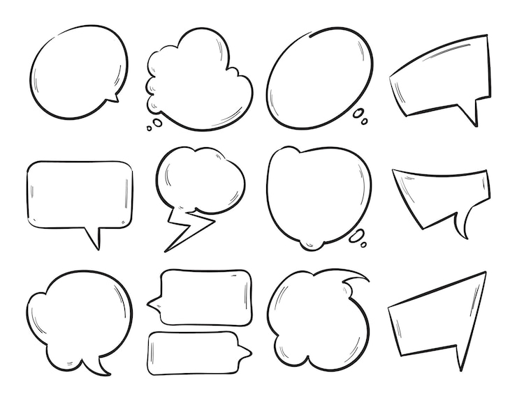 Vettore gratuito bolle di discorso in bianco di doodle, insieme di forme di pensiero del fumetto disegnato a mano.