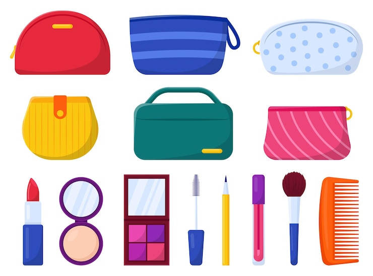 Vettore gratuito borsa cosmetica con set di illustrazioni per cartoni animati di prodotti di bellezza