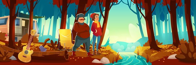 Bosco autunnale con ruscello, campo e persone. Vector cartoon paesaggio di boschi con erba arancione e foglie su alberi, fiume, campeggio con furgone, sedia, chitarra e turisti