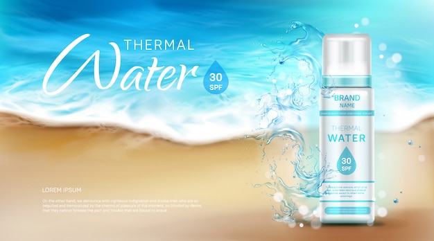 Bottiglia cosmetica per acqua termale con banner pubblicitario spf