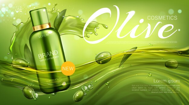 Bottiglia cosmetica verde oliva, prodotto di bellezza naturale, tubo cosmetico eco galleggiante con bacche e foglie. Modello di banner promozionale di shampoo o lozione