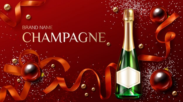 Bottiglia di champagne con decorazioni di Natale o Capodanno. Modello di pubblicità
