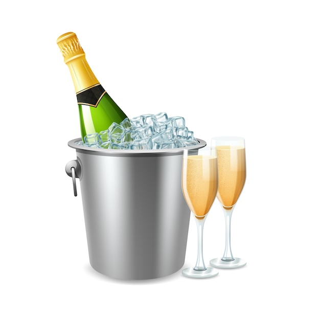 Bottiglia di champagne nel secchiello del ghiaccio e due bicchieri pieni realistici