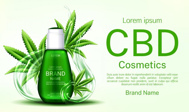Bottiglia di cosmetici Cbd con spruzzi d'acqua e banner di foglie di cannabis