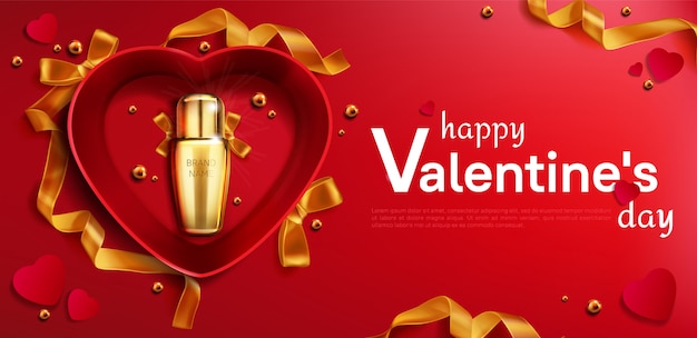 Bottiglia di cosmetici per San Valentino nel banner scatola di cuore