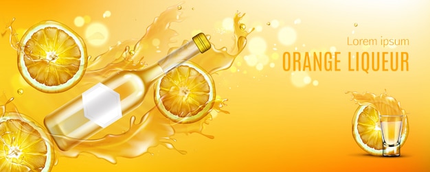 Bottiglia di liquore all'arancia, bicchierino e fette di frutta