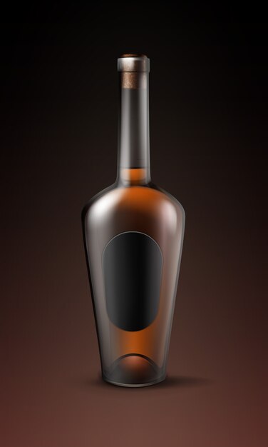 Bottiglia di vetro marrone lucido vettoriale di brandy di cognac con vista frontale etichetta nera ovale