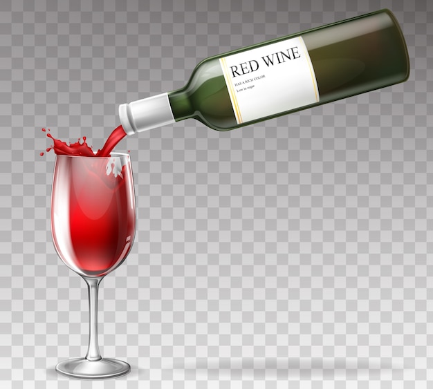 bottiglia di vino realistico, spruzzi in bicchiere di vino