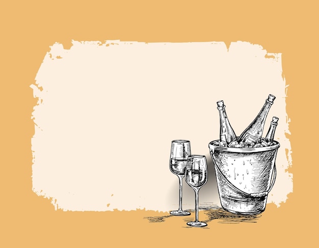 Bottiglia di vino schizzo bicchiere di vino schizzo disegnato a mano illustrazione vettoriale