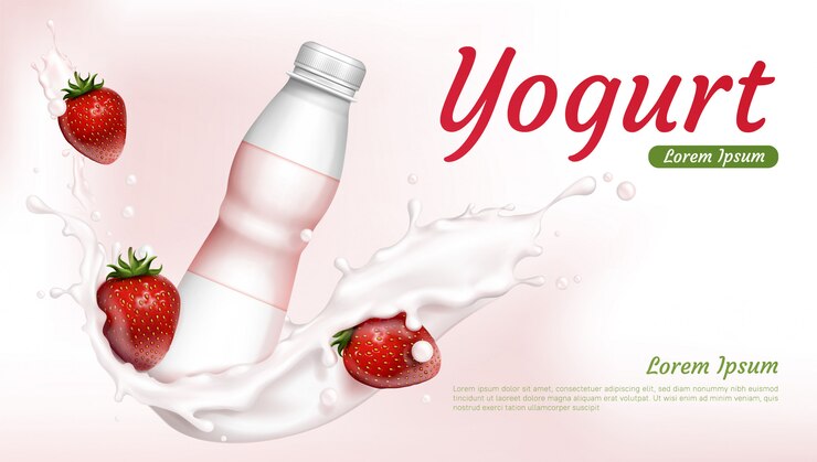 Vettore gratuito bottiglia di yogurt con fragole e splash di latte