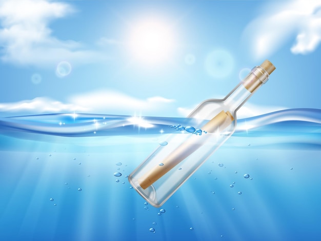 Bottiglia nell'illustrazione realistica dell'onda