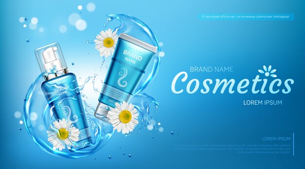 Bottiglie di cosmetici di camomilla eco mock up banner