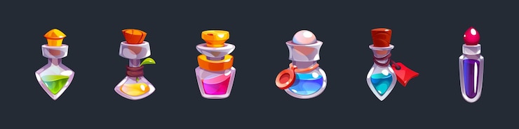 Vettore gratuito bottiglie di vetro con elisir magico o pozione set di illustrazioni vettoriali di cartoni animati di fiale di icone di gioco con tappi liquidi colorati ed etichette boccette di chimica del mago o del farmacista con veleno e antidoto