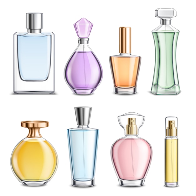 Bottiglie di vetro di profumo colorate realistiche