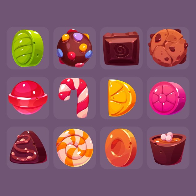 Bottoni quadrati con cioccolato e caramelle di zucchero duro gocce di frutta torta lecca-lecca e bonbon Set di cartoni animati vettoriali di icone di cibo dolce caramello bastoncino di zucchero natalizio e dolciumi
