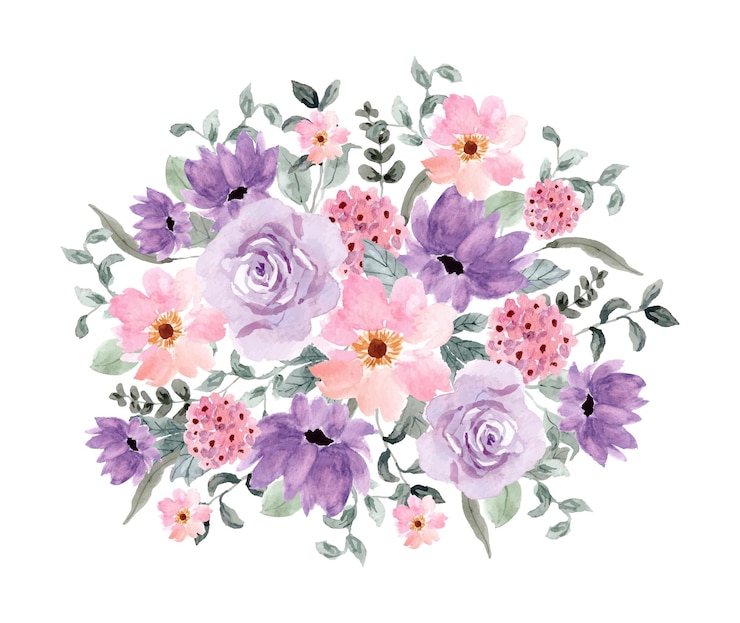 Vettore gratuito bouquet di acquerelli floreali rosa viola