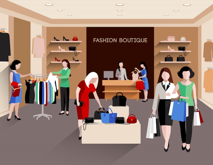 Vettore gratuito boutique di moda con consumatori di giovani donne e abbigliamento di moda piatto