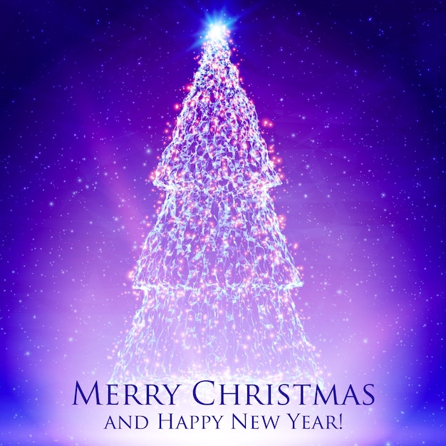Brillanti alberi di Natale su sfondo viola colorato con retroilluminazione e particelle incandescenti. Sfondo vettoriale astratta. Abete incandescente. Elegante sfondo splendente per la progettazione.