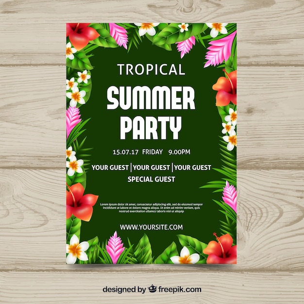 Brochure di partito tropicale con fiori e foglie