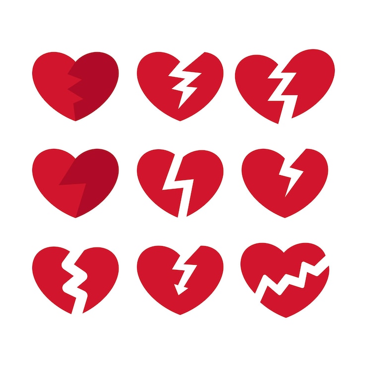 Vettore gratuito broken hearts flat style set (set di stile piatto di cuori rotti)