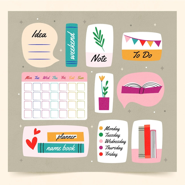 Vettore gratuito bullet journal planner modello con diversi elementi disegnati