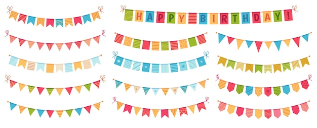 Bunting da festa. Bandiere triangolari di carta colorata raccolte e drappeggiate in ghirlande, zigoli di buon compleanno