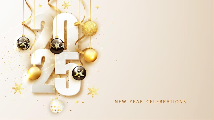 Vettore gratuito buon anno nuovo 2025 disegno festivo con decorazioni natalizie palle streamer e ghirlande