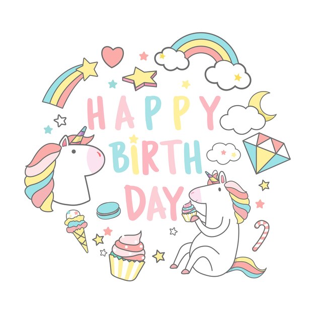 Buon compleanno unicorno con elementi magici carta vettoriale