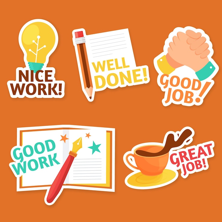 Vettore gratuito buon lavoro piatto e adesivi di ottimo lavoro