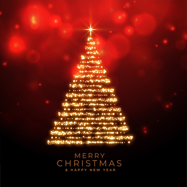 Buon Natale brilla albero su sfondo rosso bokeh