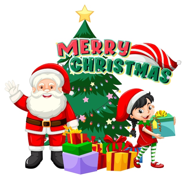 Buon Natale con Babbo Natale e una ragazza con scatola regalo